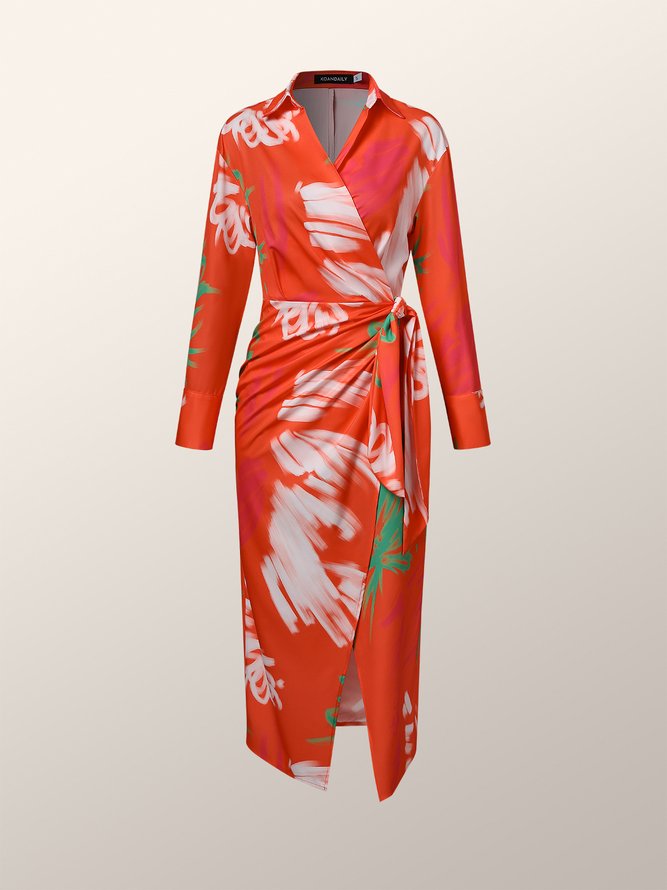 Robes Floral Automne Vacances Micro-élasticité Coupe Régulière S-Ligne Régulier Vacances Col de Chemise pour Femmes