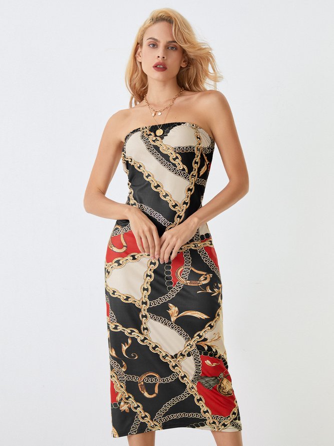 Robes Abstrait Automne Urbain Polyester à Haute Élasticité Serré Mi-longue Sans Manches S-Ligne pour Femmes