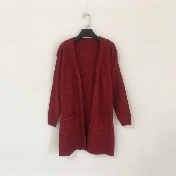 Maxi Cardigan & Pull Tricotés Mi-Longs Unicolores avec Poche