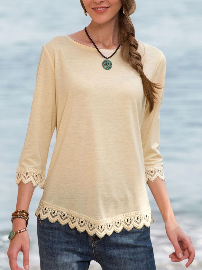 Femmes Plain Col en Forme de Cuillère Manches 3/4 Bordé de dentelle T-shirt