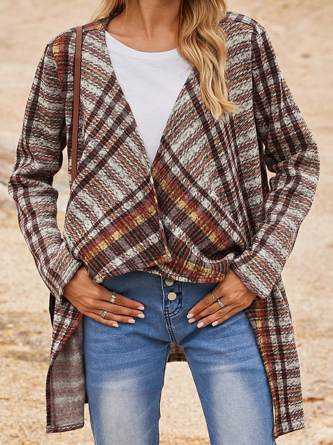 Brun Col V en Mélangé de Coton Manches Longues Blouson