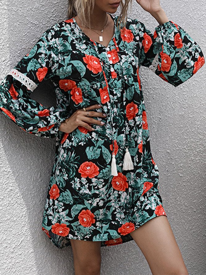 Robe à Manches Longues à Panneaux et à Col V pour Vacances