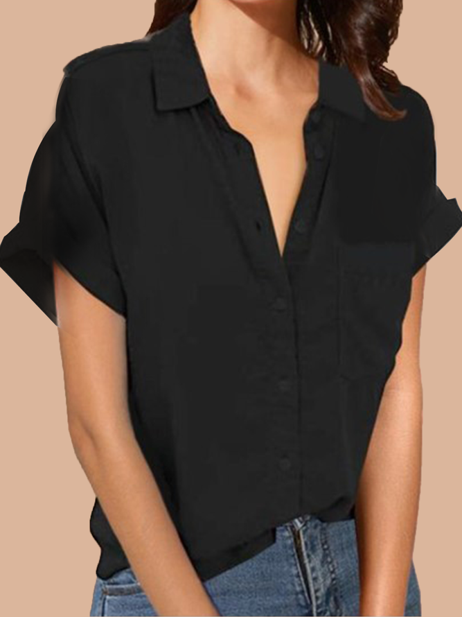 Blouse Femmes Décontracté Été Unicolore Polyester Col de Chemise Manches Courtes Ample Régulier Basique Plain