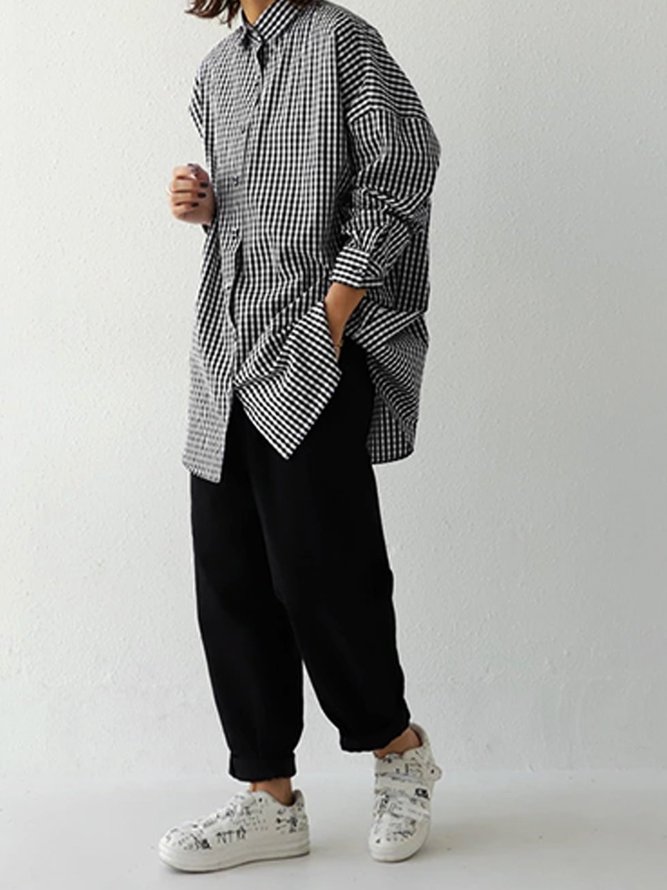 Blouse Femmes Décontracté Carreaux / Plaid Printemps Coton Col de Chemise Micro-élasticité Quotidien de Grande Taille Manches Longues