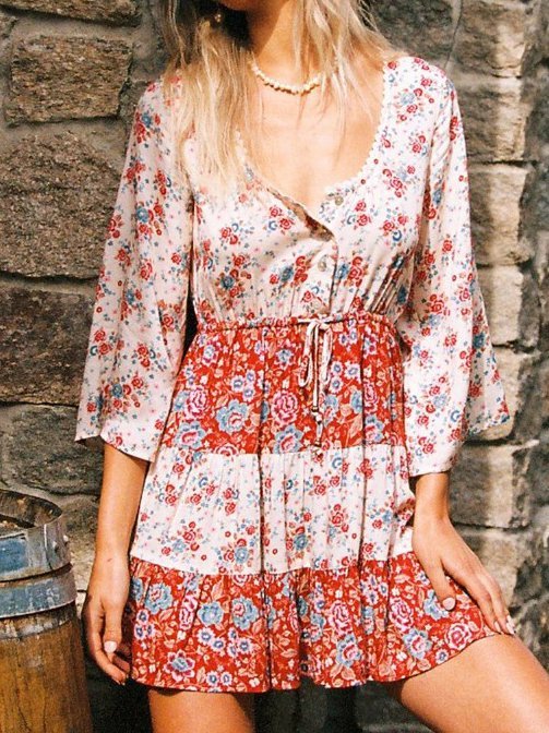 Robe Boho Florale à Col en Forme de Cuillère