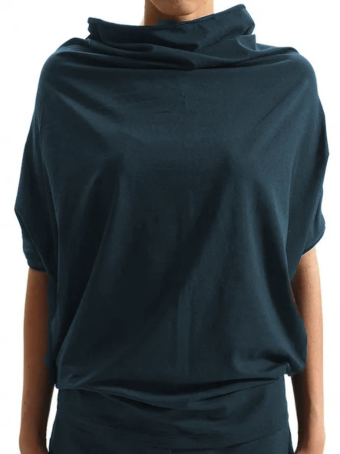 Tops Basique Plain Été Col Montant Sportif Décontracté Demi Manche Ample en Mélangé de Coton pour Femmes