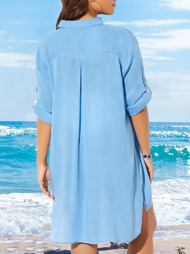 Blouse Femmes Vacances Été Unicolore Spandex Col de Chemise Quotidien Manches Longues Ample Mi-long