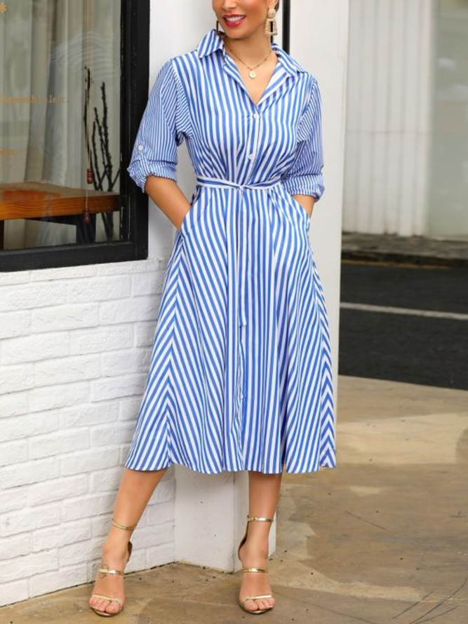 Robe Trapèze à Col de Chemise et à Manches Longues Pour Travail
