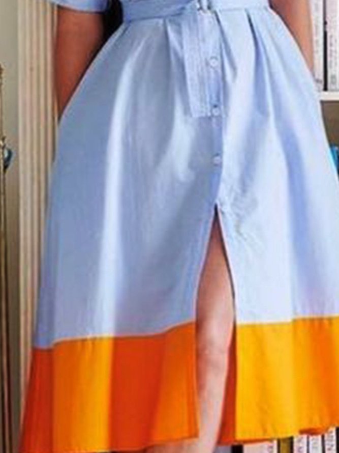 Robe Droite à Col de Chemise et à Demi Manche en Bloc de Couleur