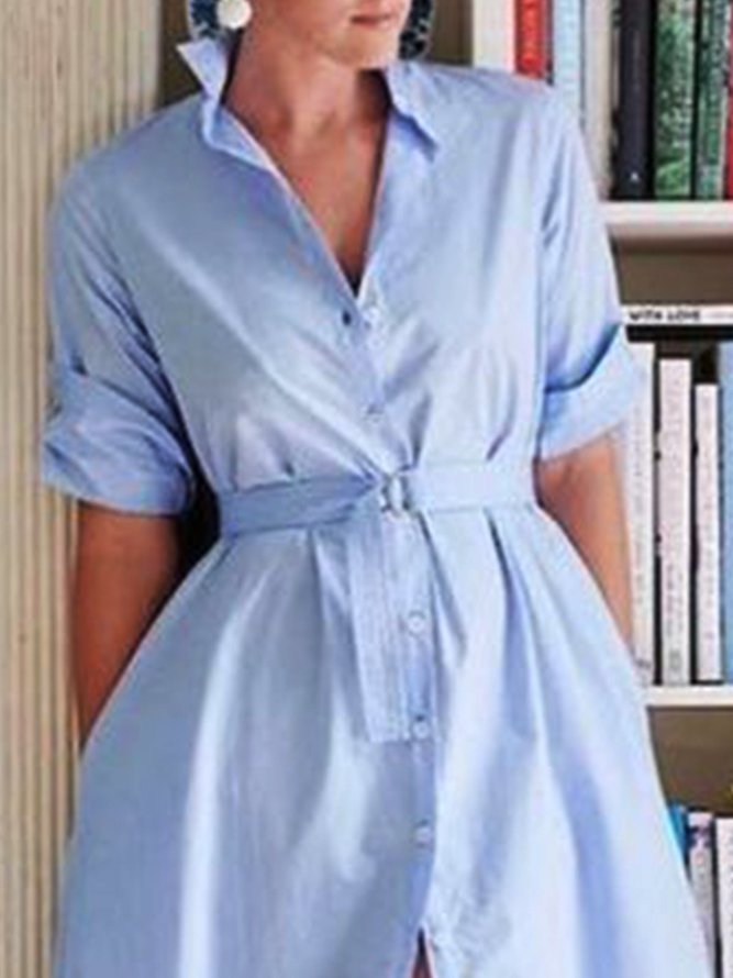 Robe Droite à Col de Chemise et à Demi Manche en Bloc de Couleur