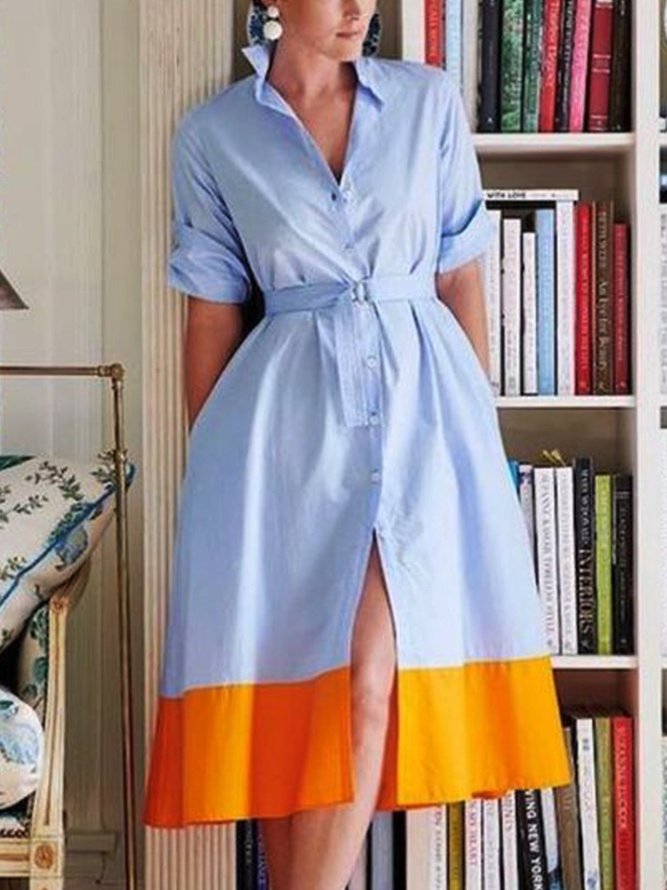 Robe Droite à Col de Chemise et à Demi Manche en Bloc de Couleur