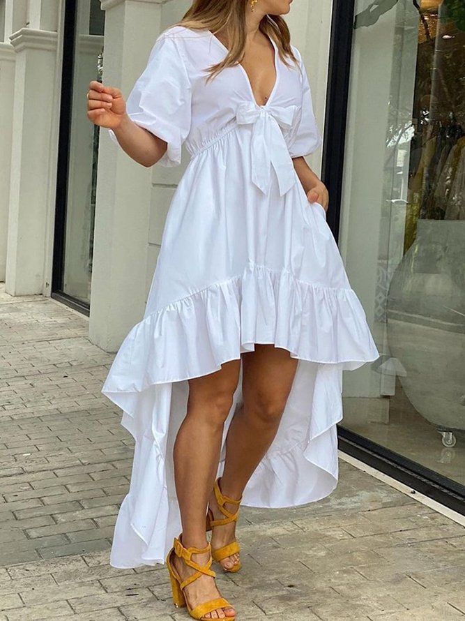 Robe Maxi Trapèze Décontractée à Col V et à Demi Manche