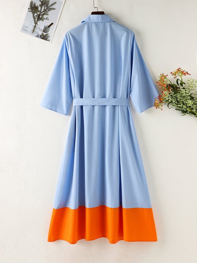 Robe Droite à Col de Chemise et à Demi Manche en Bloc de Couleur