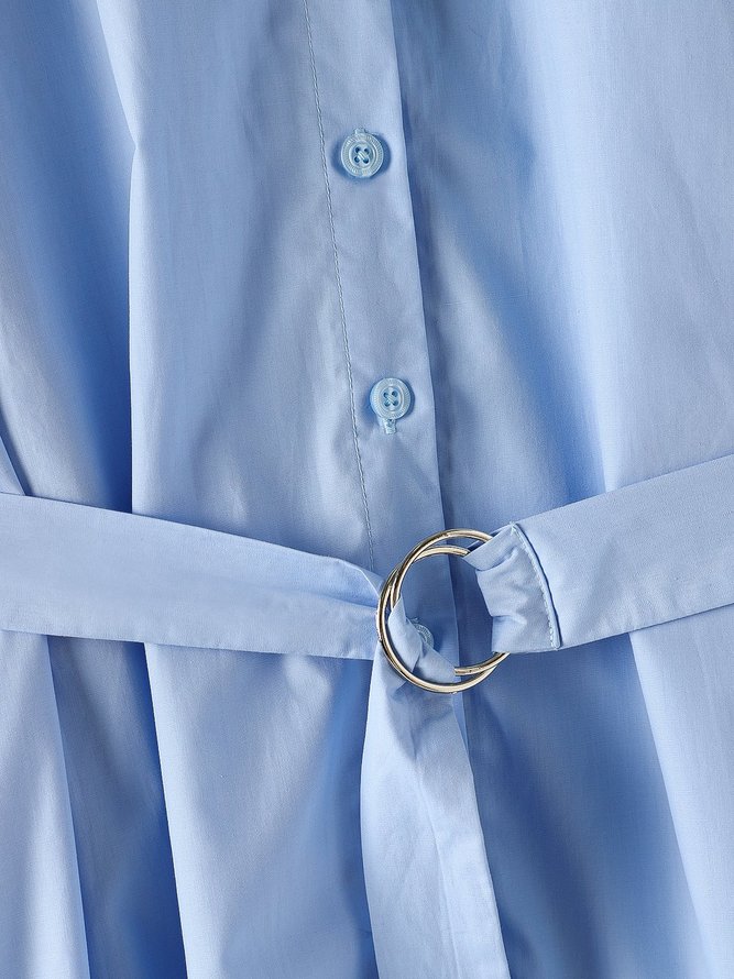 Robe Droite à Col de Chemise et à Demi Manche en Bloc de Couleur