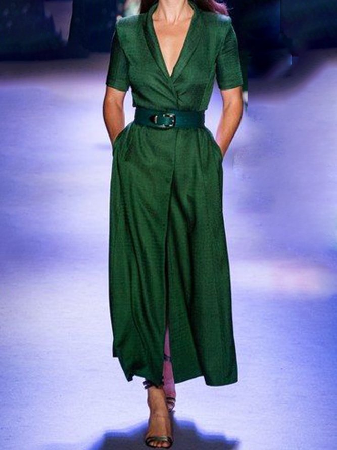 Robe Maxi Plaine Élégante à Manches Courtes