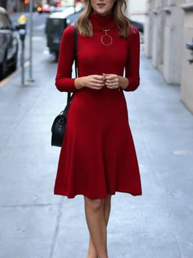Robe Rétro Plaine à Col Roulé