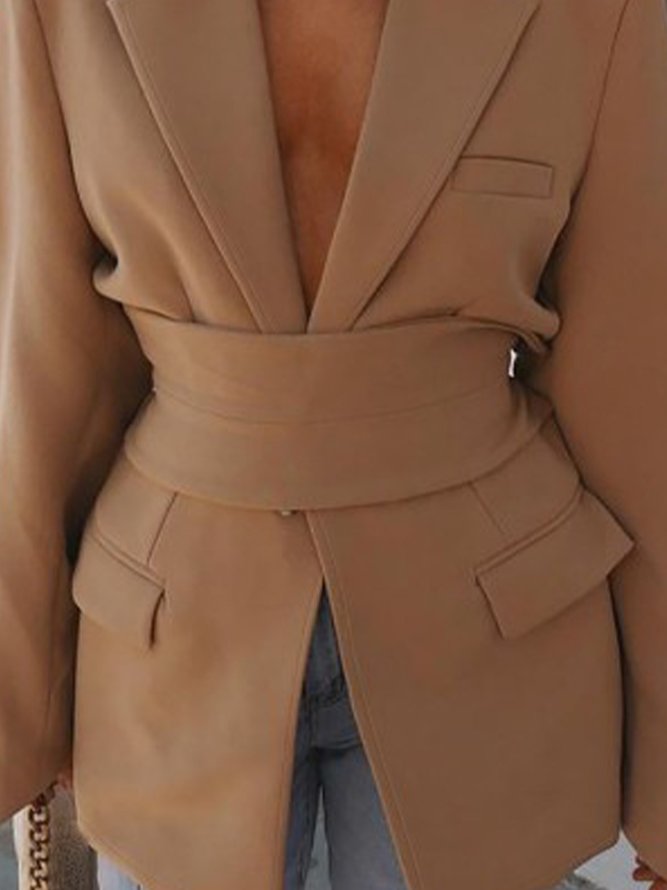 Manteau Élégant Unicolore à Manches Longues Avec Ceinture