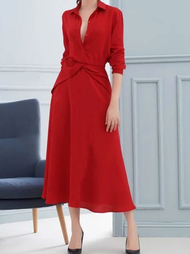 Robe Maxi Plaine Élégante à Col de Chemise