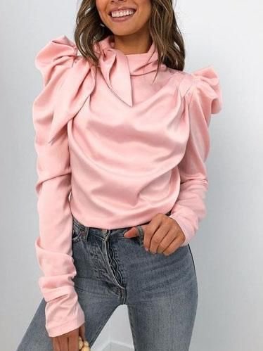 Top Plain de Coupe Régulière à Manche de Chemise et à Col Cravate