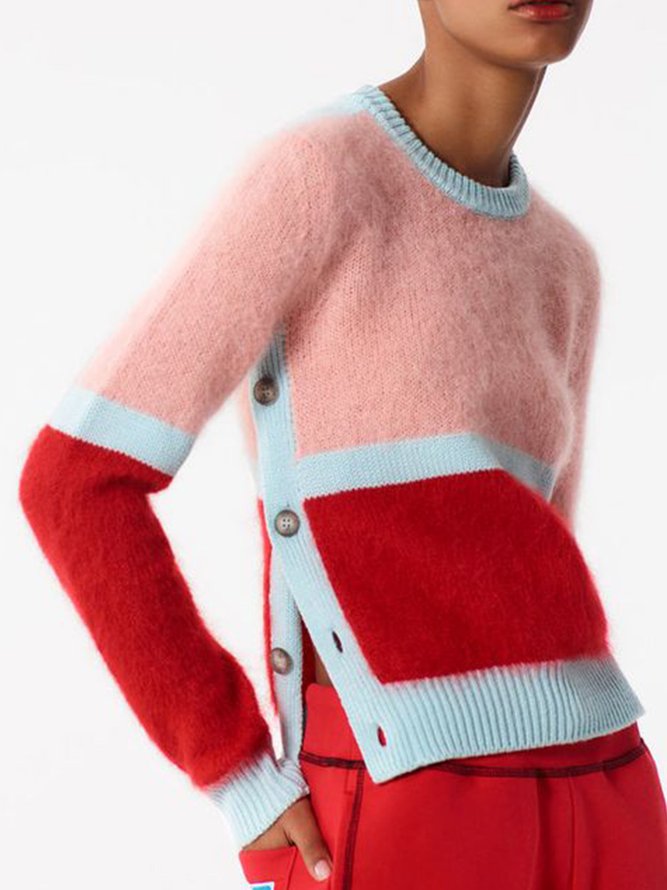 Pull Femmes Hiver Urbain Bloc de Couleur à Haute Élasticité Manches Longues Adapté Laine/Tricot Régulier H-ligne