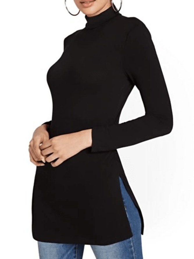 Top d'Automne Simple Plain Quotidien Très Extensible à Manches Longues et à Col Montant