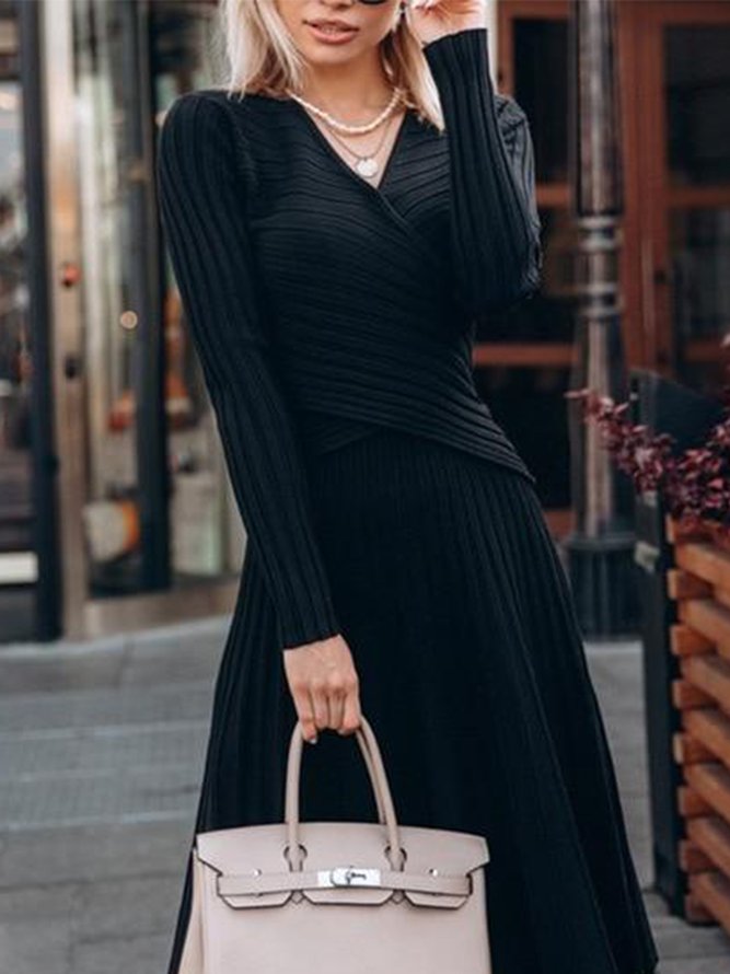 Robe Pull Unicolore à Manches Longues et à Col V