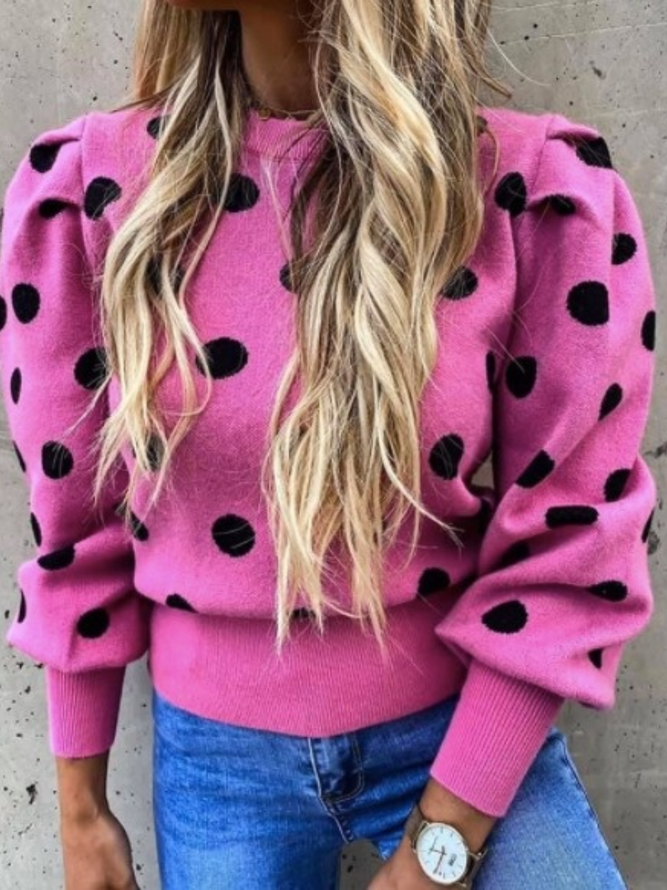 Pull de Coupe Régulière d'Automne à Pois Polka Quotidien à Col Rond et à Manches Longues