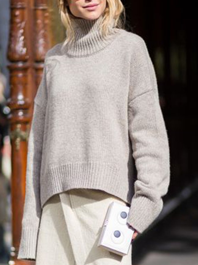 Pull Unicolore Simple à Col Montant et à Épaules Dénudées