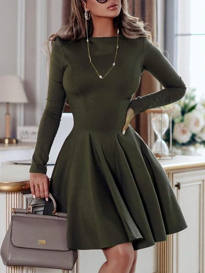 Dame Unicolore Col Rond Manches Longues Mini Robe