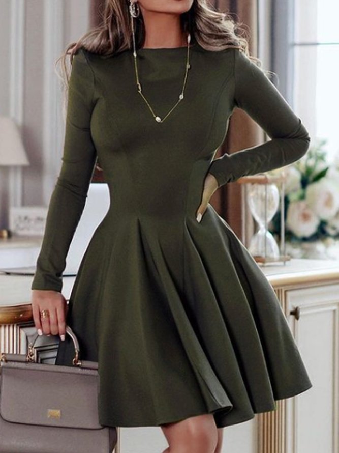 Dame Unicolore Col Rond Manches Longues Mini Robe