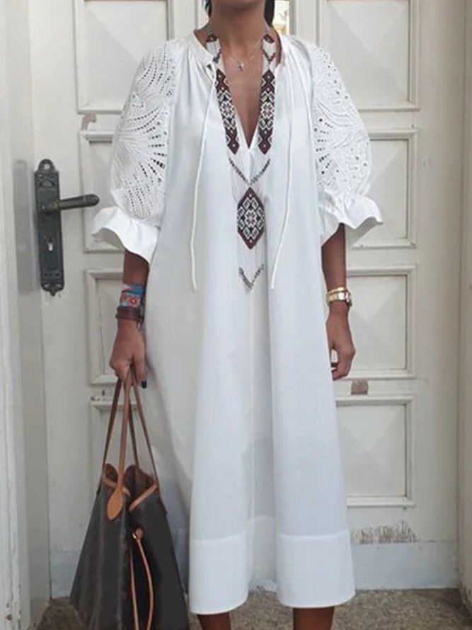 Robe Imprimée Unicolore à Demi Manche et à Col V