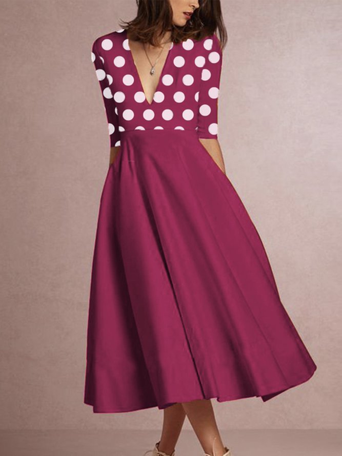 Élégant Demi Manche Pois Polka Robe Mi-Longue