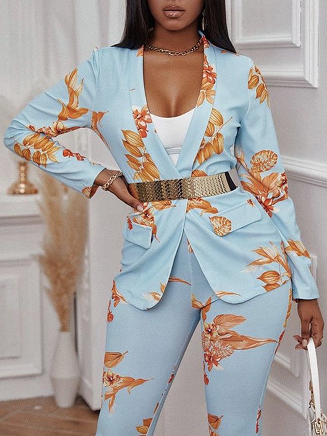 Quotidien Manches Longues Floral à Col Revers Blazer
