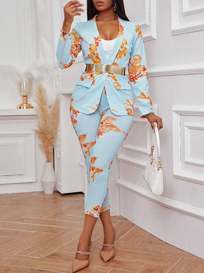 Quotidien Manches Longues Floral à Col Revers Blazer