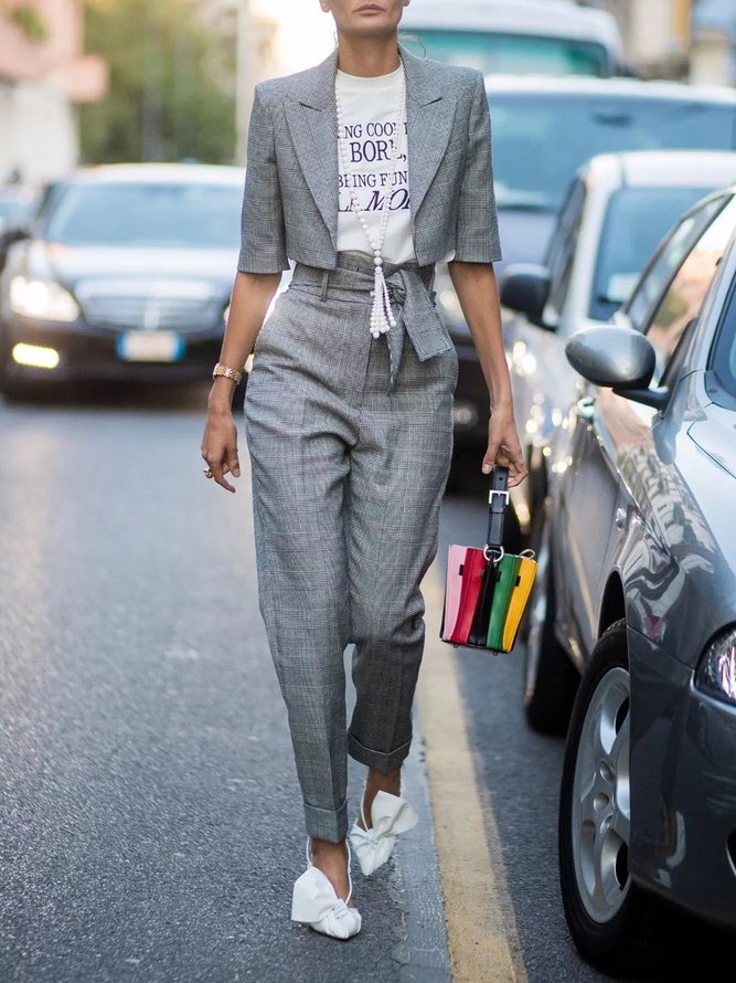 Mode pantalon femmes Plaid automne urbain Polyester pas d'élasticité quotidien coupe régulière cheville pantalon sur mesure