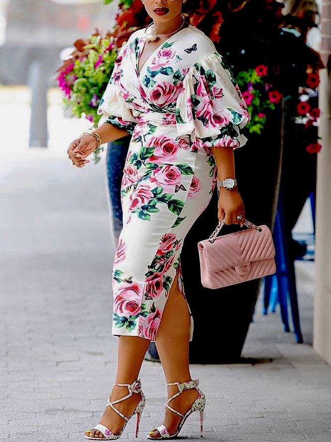 Robes Floral Automne Élé Lanterne Manches Sans Élasticité Quotidien Coupe Régulière Trois Quarts Hanche Jupe pour Femme