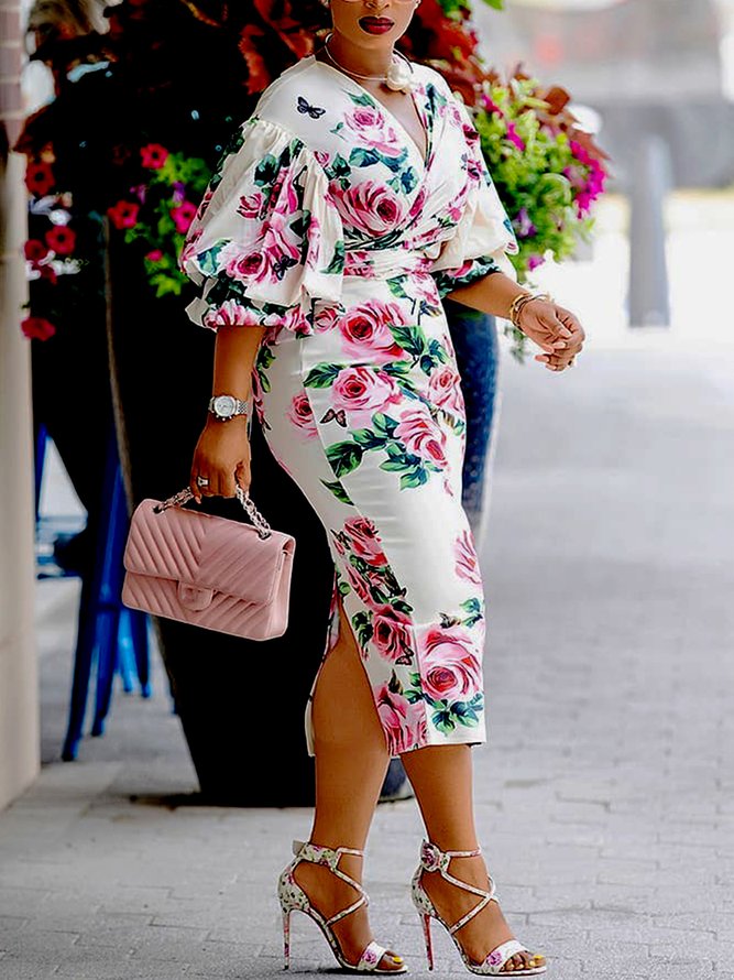 Robes Floral Automne Élé Lanterne Manches Sans Élasticité Quotidien Coupe Régulière Trois Quarts Hanche Jupe pour Femme