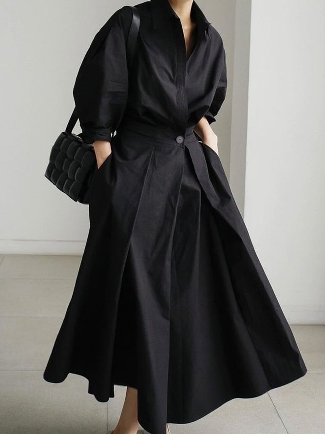Robes Plain Simple Automne Polyester Regular Fit Navette Midi Trois Quarts Chemise Robe pour Femme