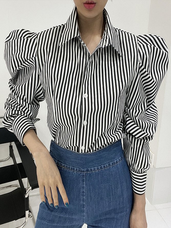 Chemisier Rayé Automne Urbain Pas d'élasticité Quotidien 1 * Haut Bouton Col de Chemise Régulier pour Femme