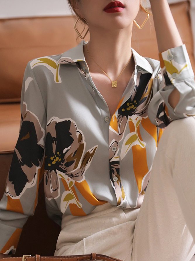 Chemisier Femme Floral L'automne Élé Polyester Micro-élasticité Déplacement Régulier Régulier Col De Chemise