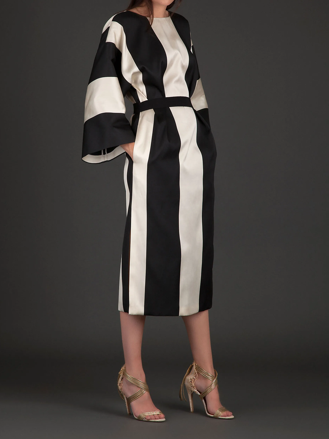 Robes Femme Rayé L'automne Élé Pas d'élasticité Coupe régulière Les trajets domicile-travail Manches longues Col ras du cou Régulier