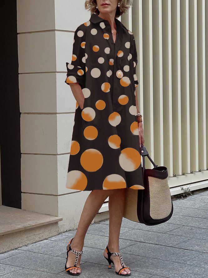 Robes Pois Automne Urbain Naturel Sans élasticité Lâche Manches longues A-ligne Régulier pour Femme