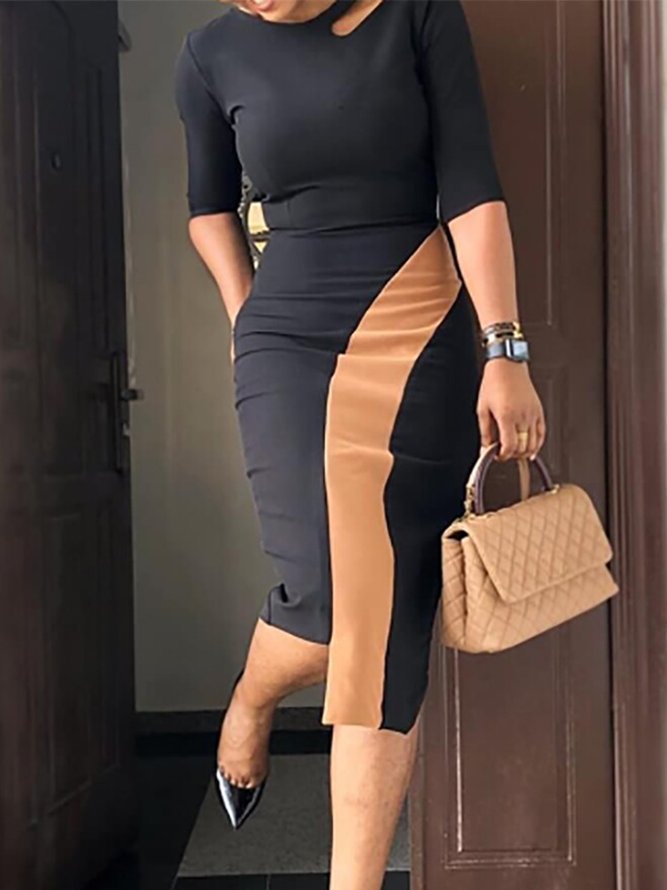 Robes Femmes Bloc de Couleur Automne Élé Taille Haute Micro-élasticité Midi Demi Manches Irrégulier Artisanat S-Line