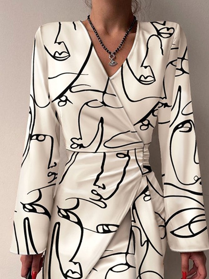 Robes Abstrait Automne Élé Col V Micro-élasticité Déplacement Jupe X-Line Régulier pour Femme