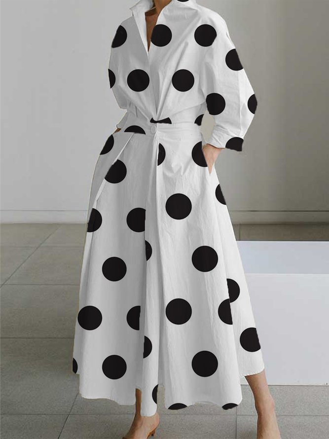 Robes Femmes Polka Dots Automne Urbain Polyester Micro-élasticité Regular Fit Midi Robe chemise à manches longues