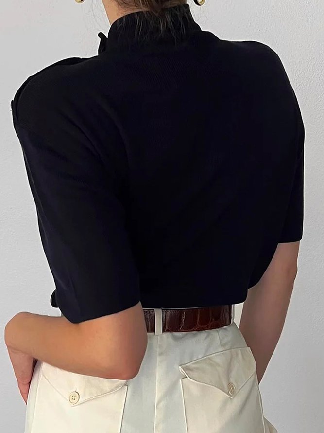 Hauts Uni Automne Urbain Polyester Boutonné Col Montant Demi-manche S-Line Regular pour Femme