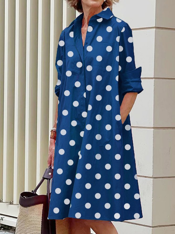 Robes Polka Dots Autumn Urban Polyester Regular Fit Button Regular Shirt Dress Col de chemise pour femme