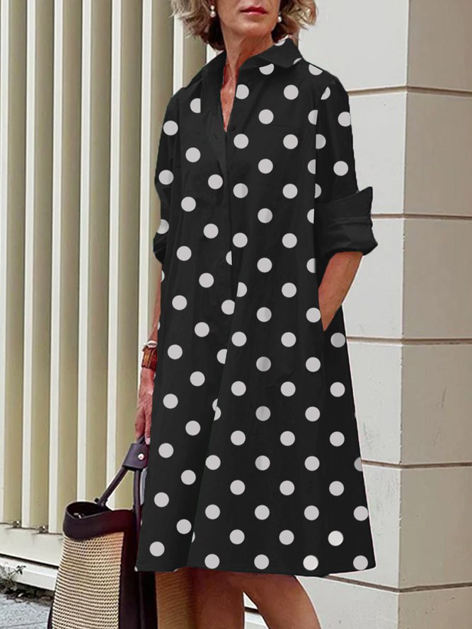 Robes Polka Dots Autumn Urban Polyester Regular Fit Button Regular Shirt Dress Col de chemise pour femme