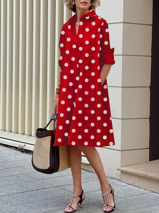 Robes Polka Dots Autumn Urban Polyester Regular Fit Button Regular Shirt Dress Col de chemise pour femme