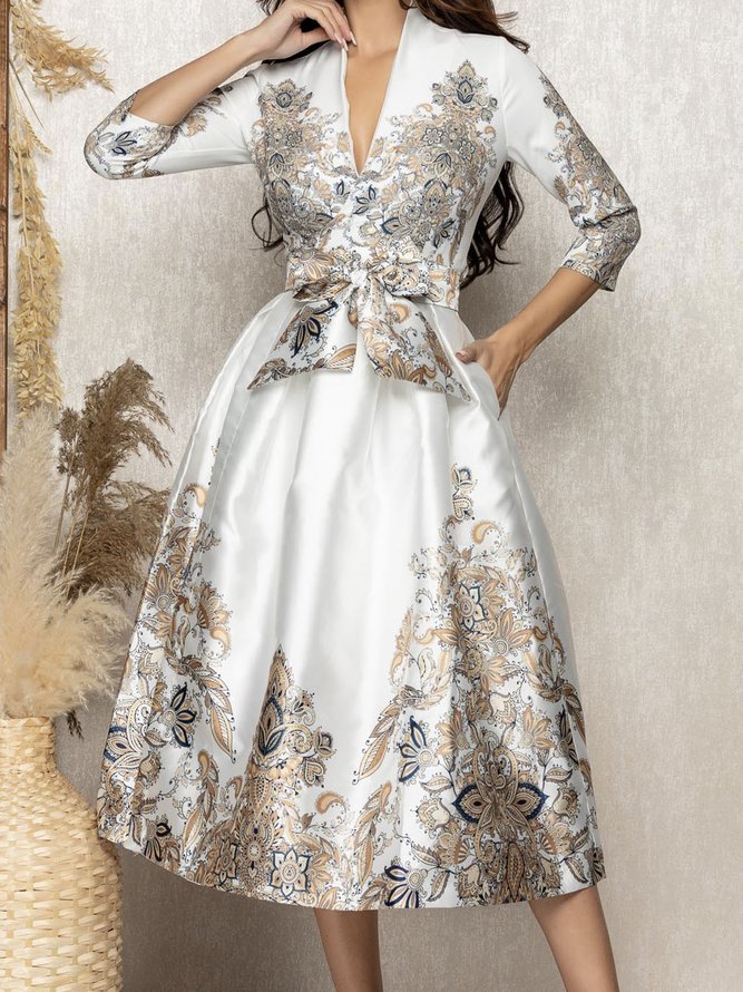 Robes Femmes Floral Automne Élégant Polyester Micro-élasticité Coupe Régulière Taille Moyenne Manches 3/4 Régulier